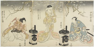 Nakamura Gennosuke as Suketsune, Segawa Kikunojo as the Wife of Suketsune, Iwai Hanshiro as Hakuomaru (Scene of the Kabuki Play Based on the Soga Brothers Story) by Utagawa Toyokuni
